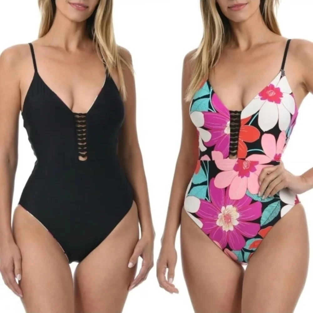 La Blanca Women's One Piece Floral Swimsuit Reversible Size 10